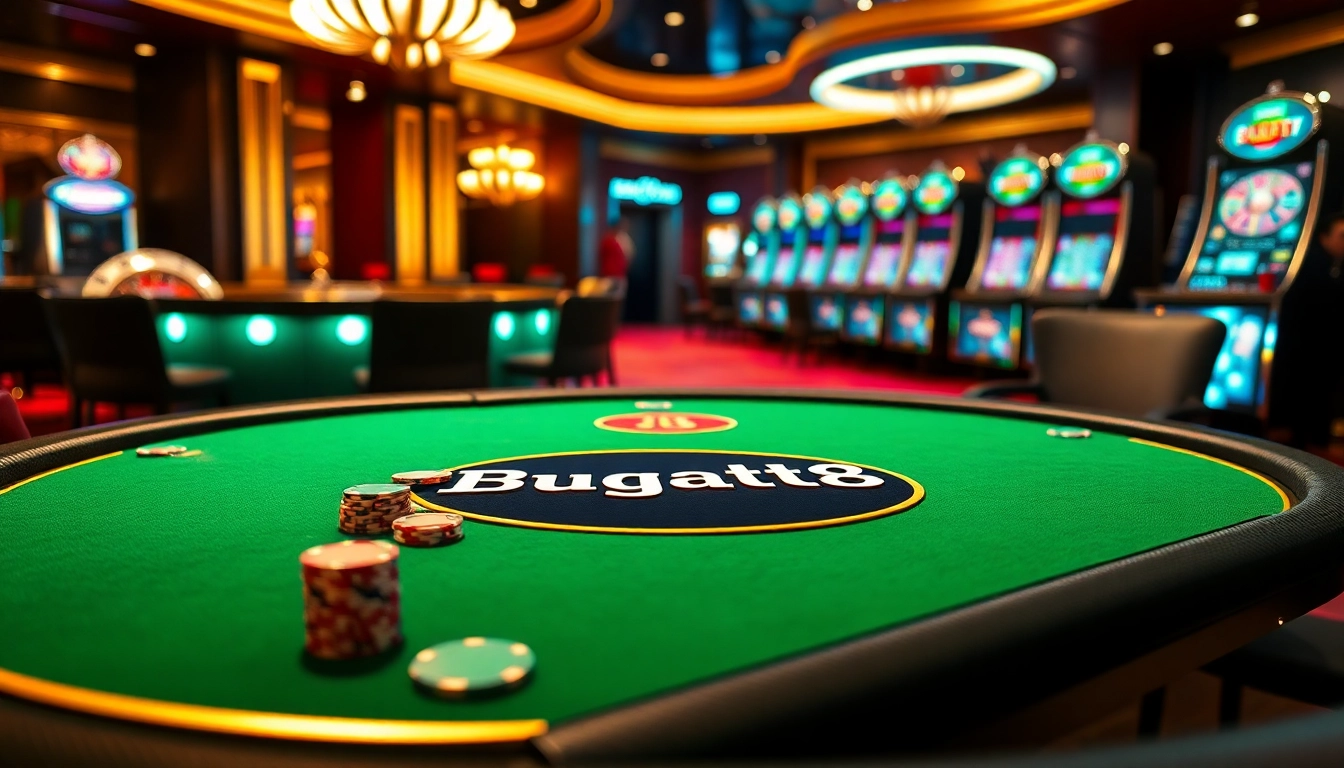 Engage in an exciting game at the Bugatti8 poker table, featuring luxurious aesthetics and vibrant poker chips.