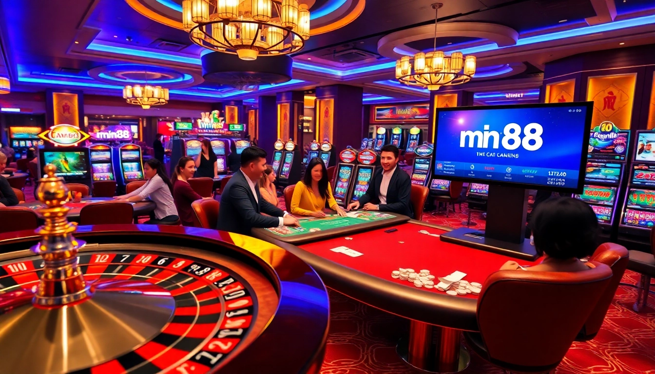 Exciting gambling scene at nhà cái mm88 with poker tables and vibrant slot machines.