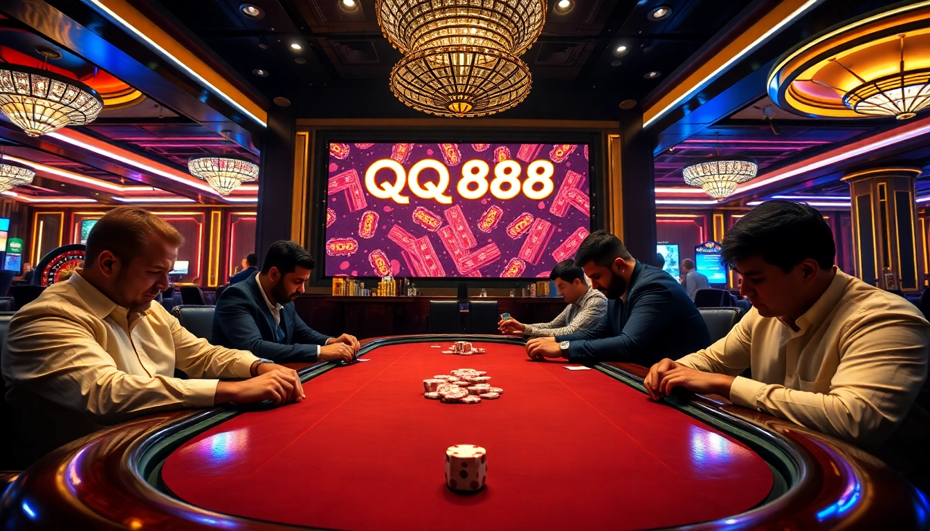 Players engaging in high-stakes poker at QQ888 casino, highlighting excitement and luxury.