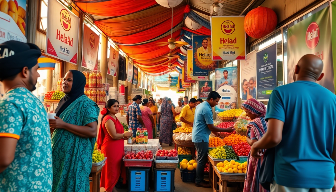 Engaging marketplace scene in Sri Lanka with vibrant Hela Ad displays.