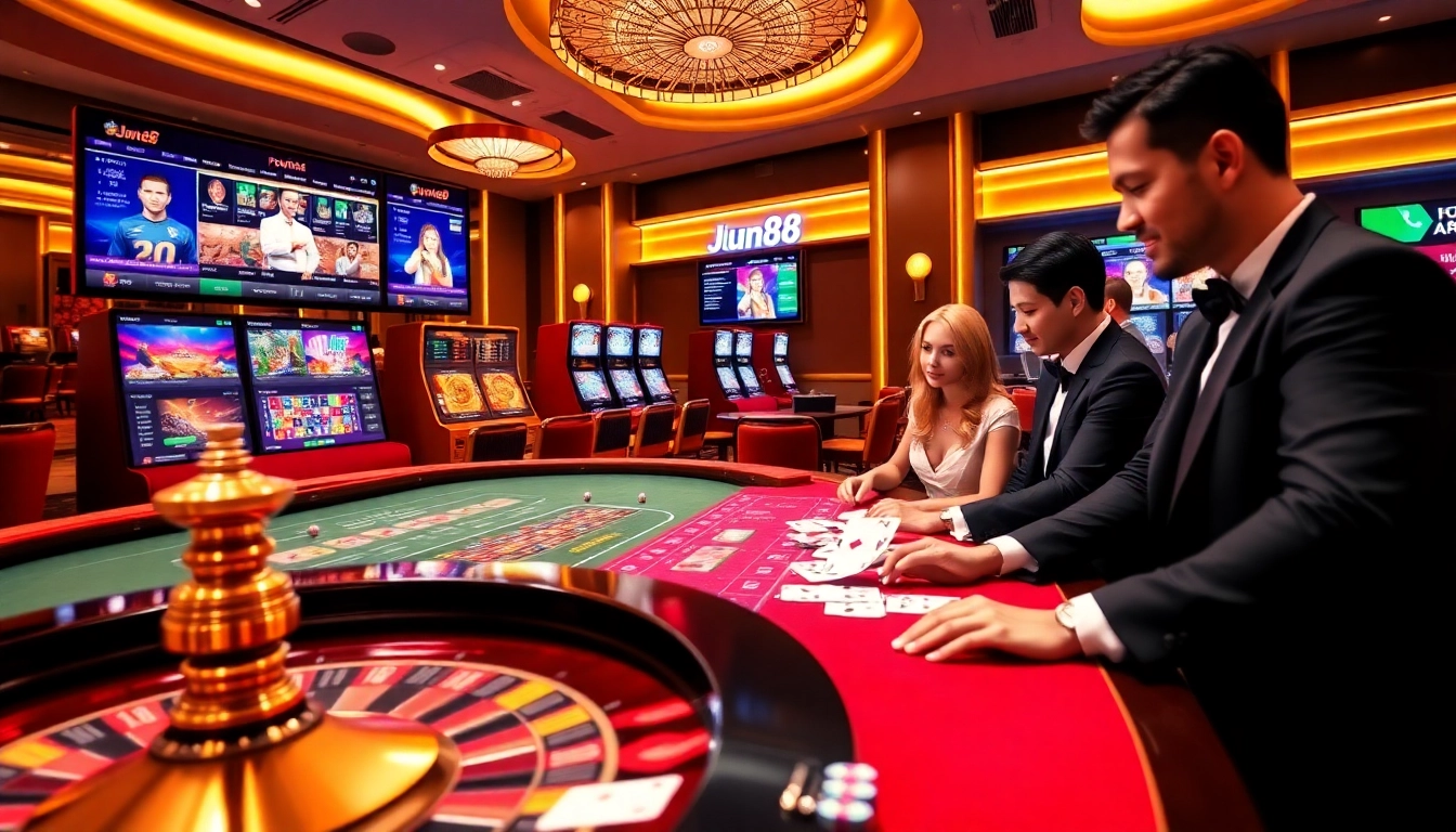 Experience the thrill of online gambling at nhà cái jun88 with luxury gaming tables and vibrant action.