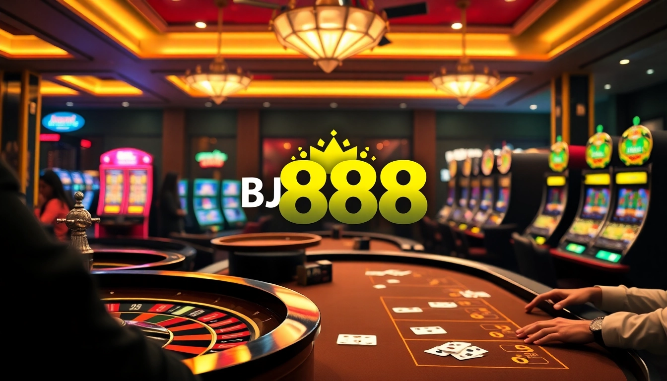 Experience the excitement of BJ 888 with luxury casino visuals highlighting poker tables and vibrant slot machines.