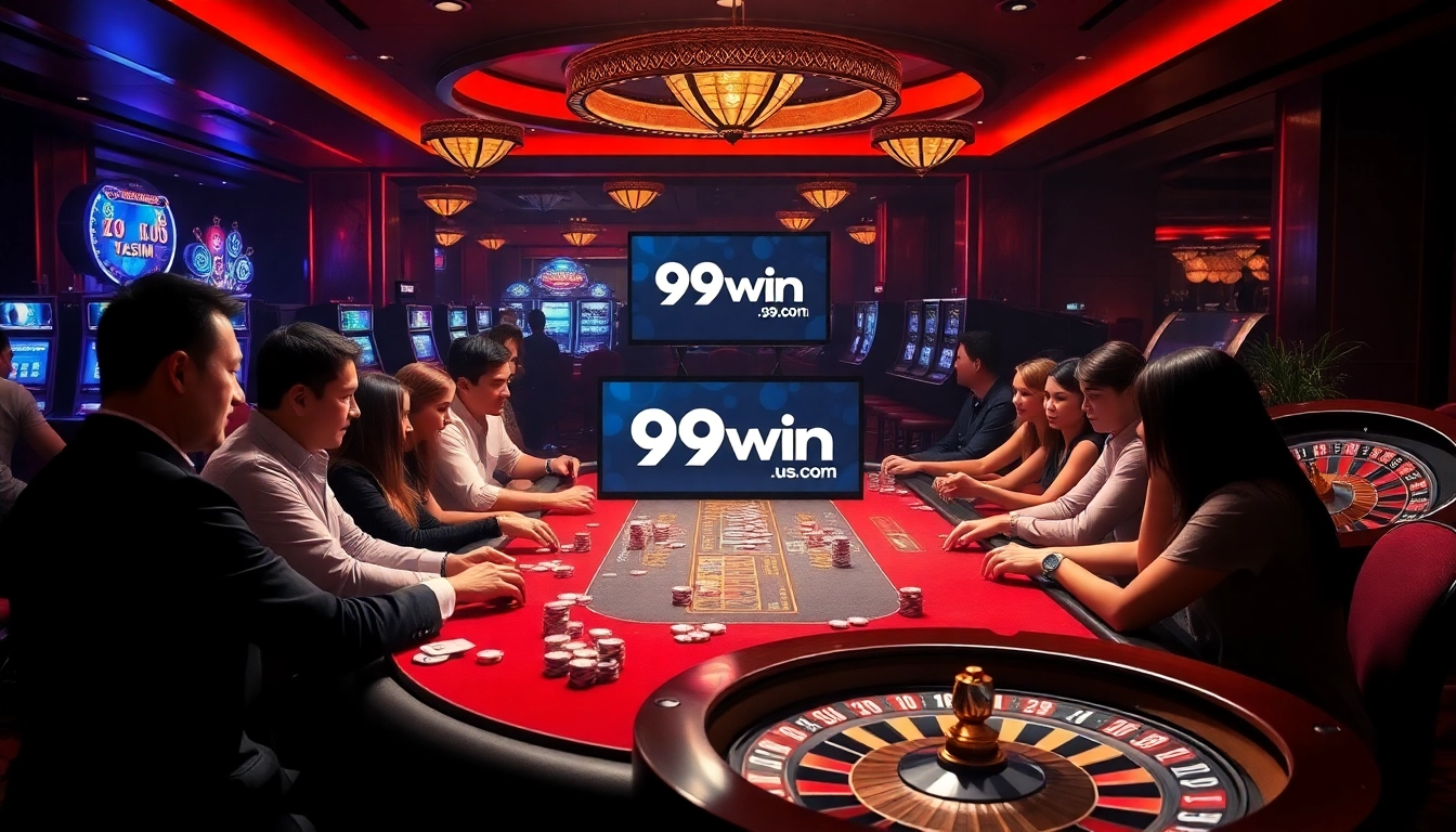An engaging scene of a lively casino showcasing the excitement of gambling with https://99win1.us.com/ prominently featured.