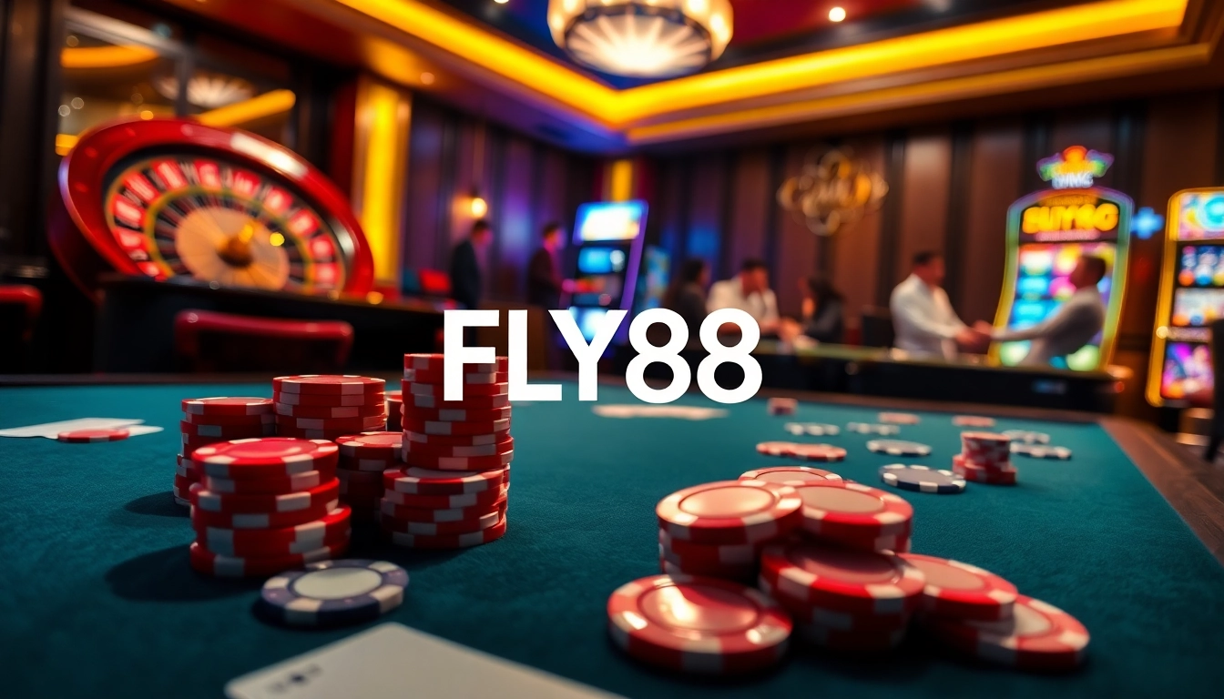Experience the thrill of FLY88 at a luxurious casino gaming table with vibrant poker chips and stylish ambiance.
