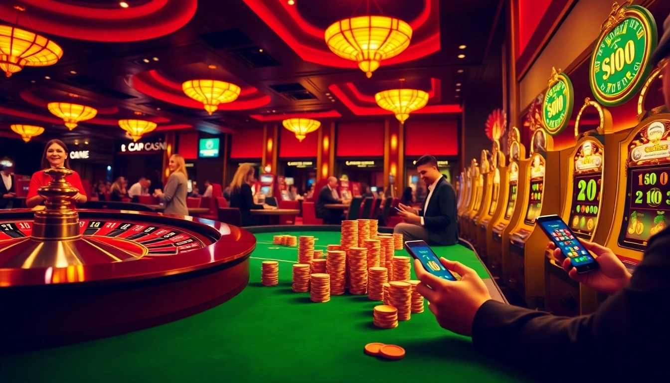A thrilling casino scene at tha-bet.pro showcasing roulette, poker chips, and excited players.