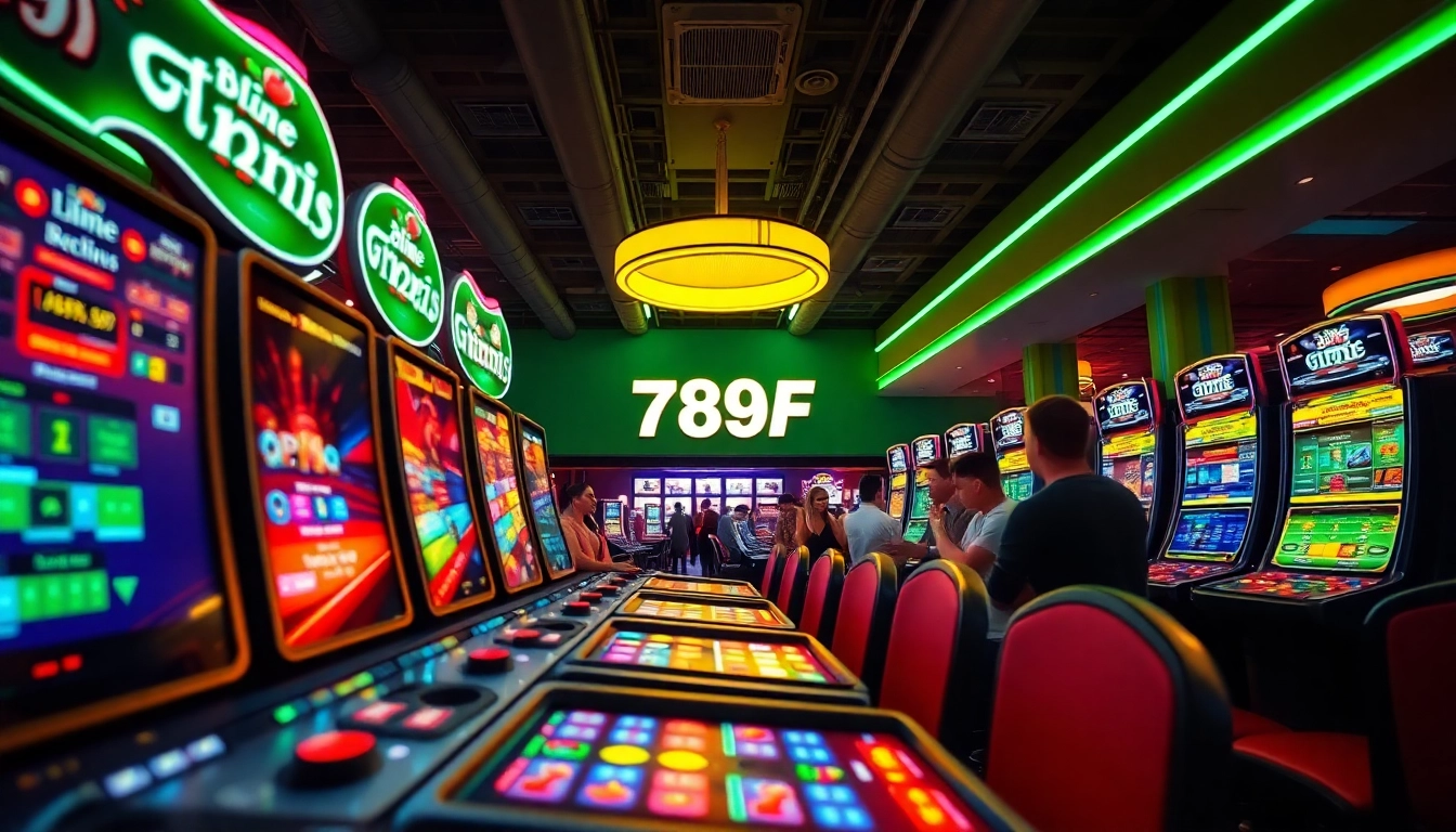 Exciting casino scene highlighting online gambling with 789f, featuring vibrant lights and enthusiastic players.