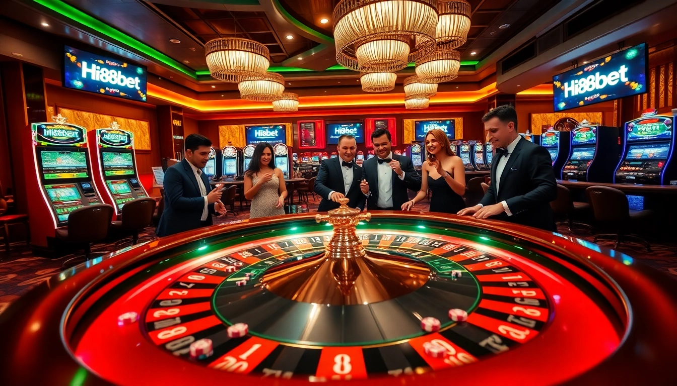 Experience the thrill of Hi88bet with players celebrating wins at a luxurious roulette table.