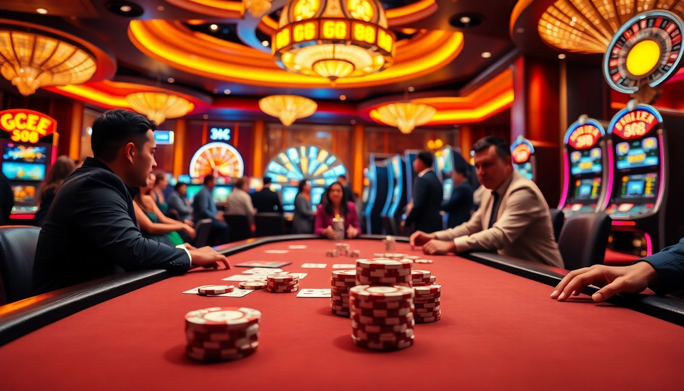 GG 88 - Players engaging in high-stakes poker with vibrant chips and dazzling casino decor.