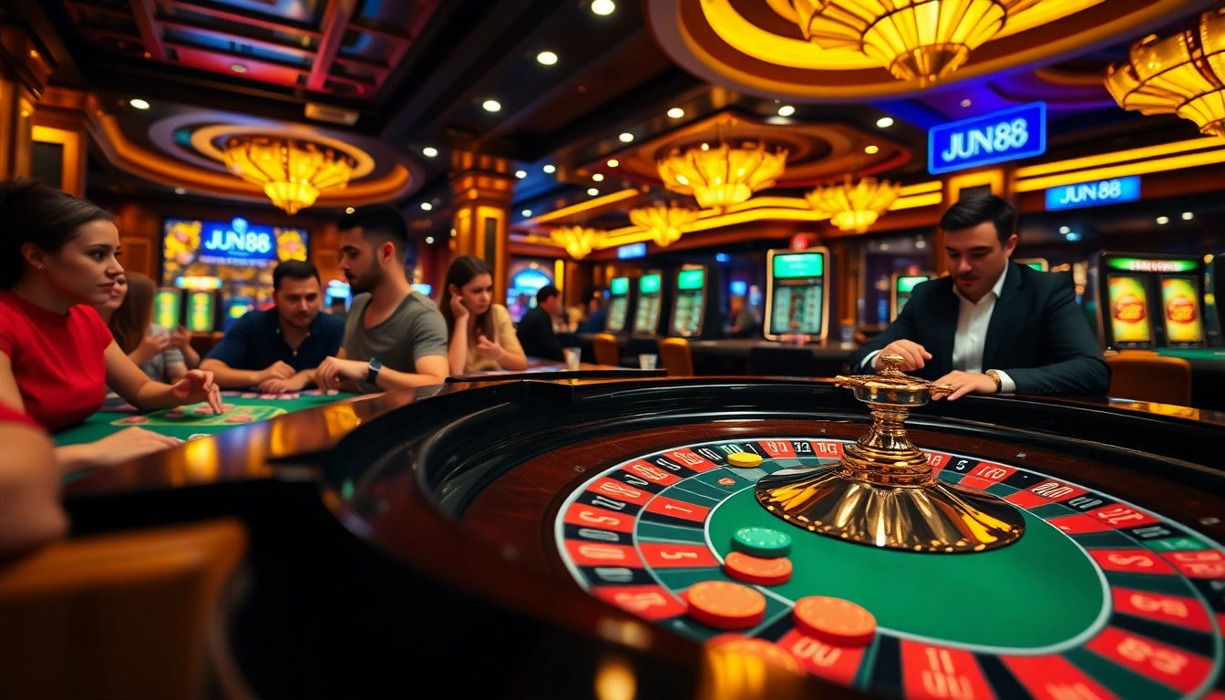 Players enjoying a thrilling game at Jun 88 casino with vibrant roulette and slot machines.