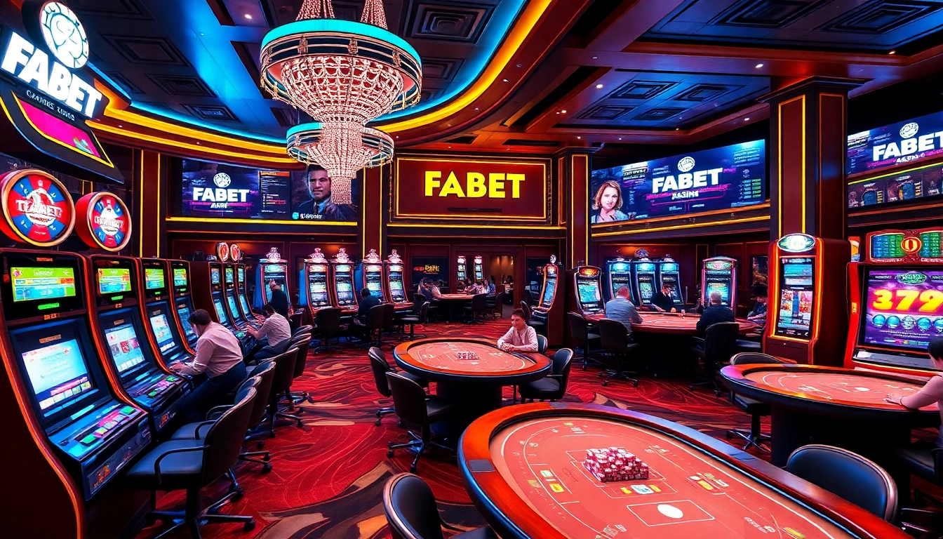 FABET gaming experience with players at luxurious casino tables and vibrant slot machines.
