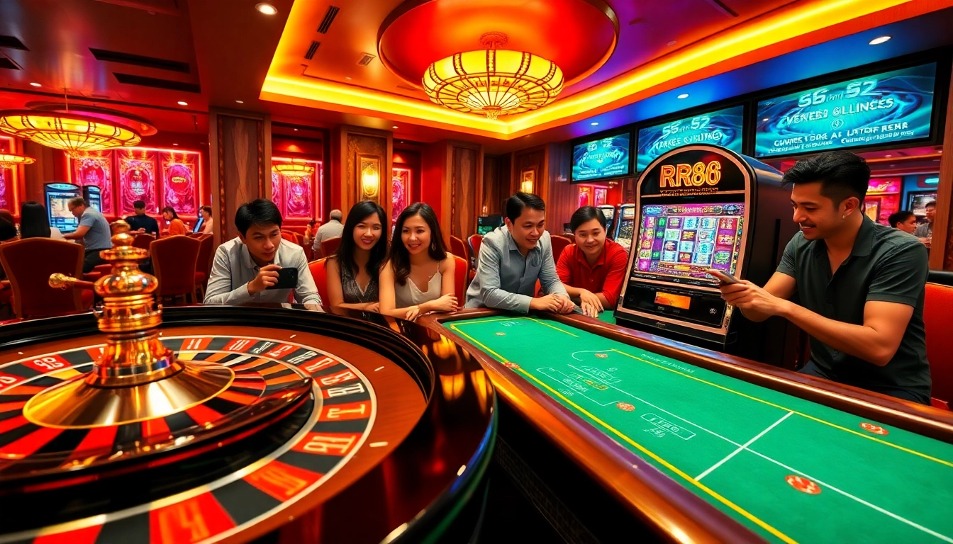 Players experiencing excitement at RR88 casino with poker tables and a glamorous slot machine.