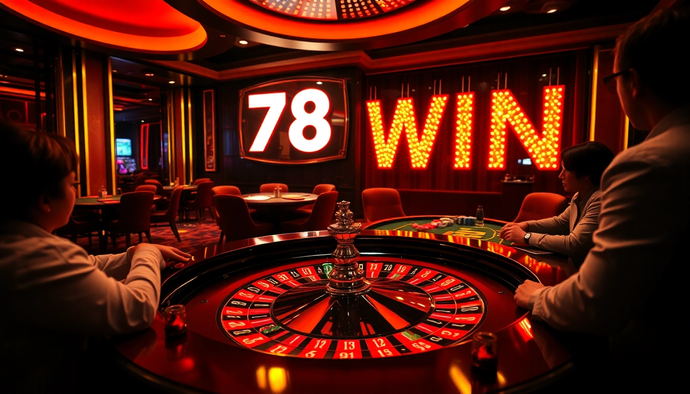 Exciting casino game scene with "78 WIN" illuminated sign and players at roulette table.