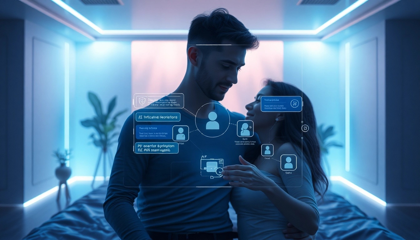 Couple interacting with innovative sex AI technology in a modern, intimate setting.