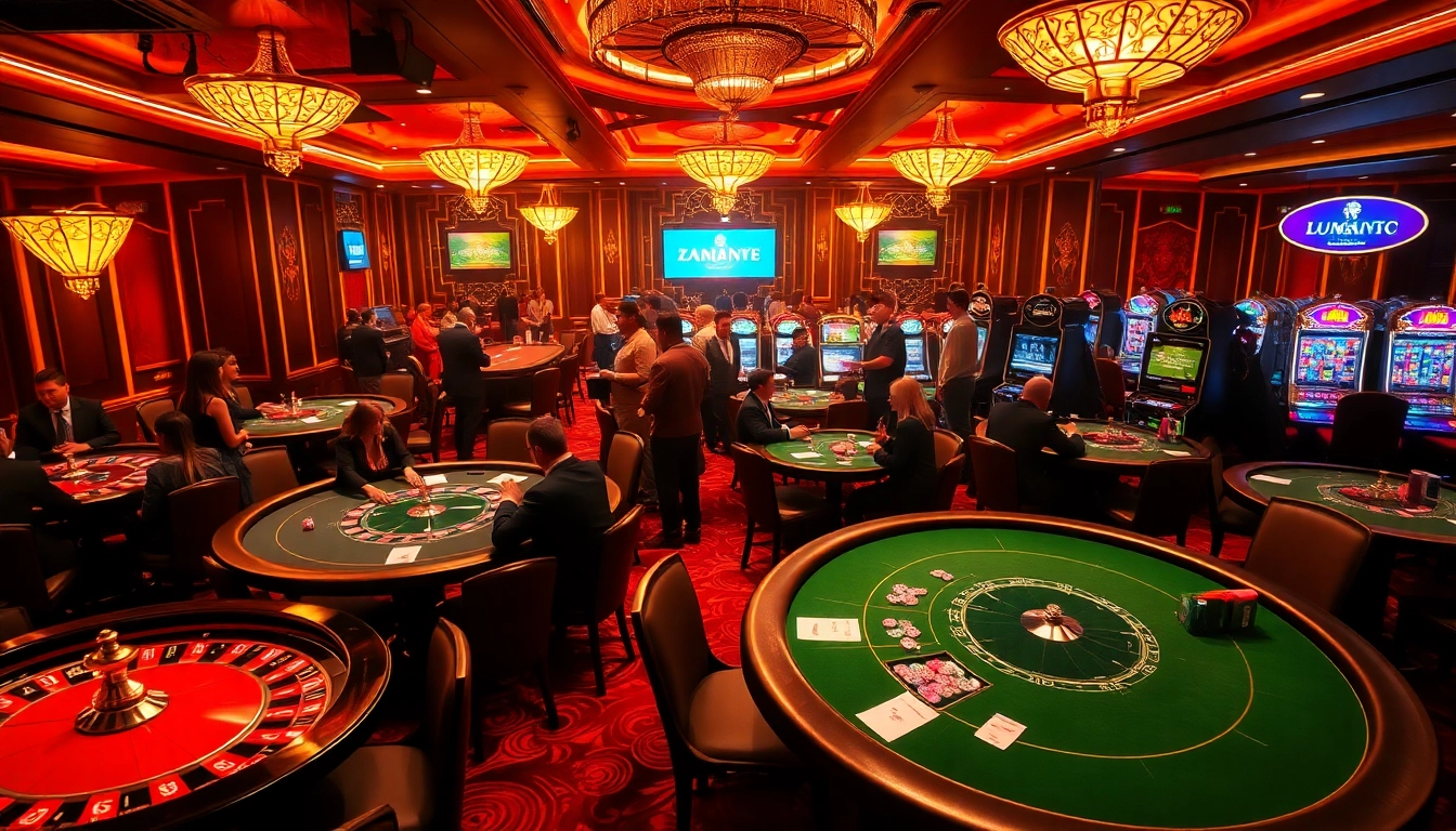 Experience thrilling gameplay at https://kuwinzhz.com/ in a luxurious casino setting with poker tables and roulette wheels.