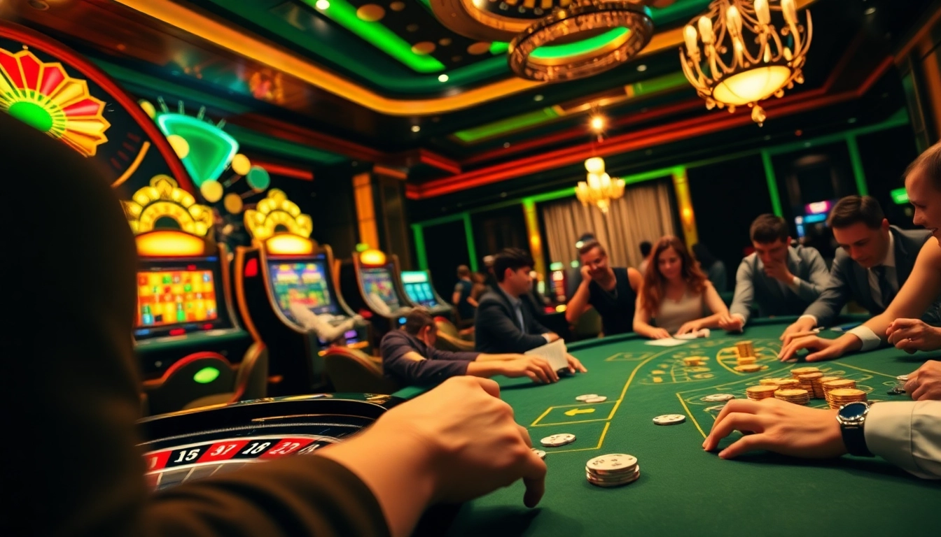 Engaging gaming experience at https://f168.news/ featuring vibrant casino tables and excited players.