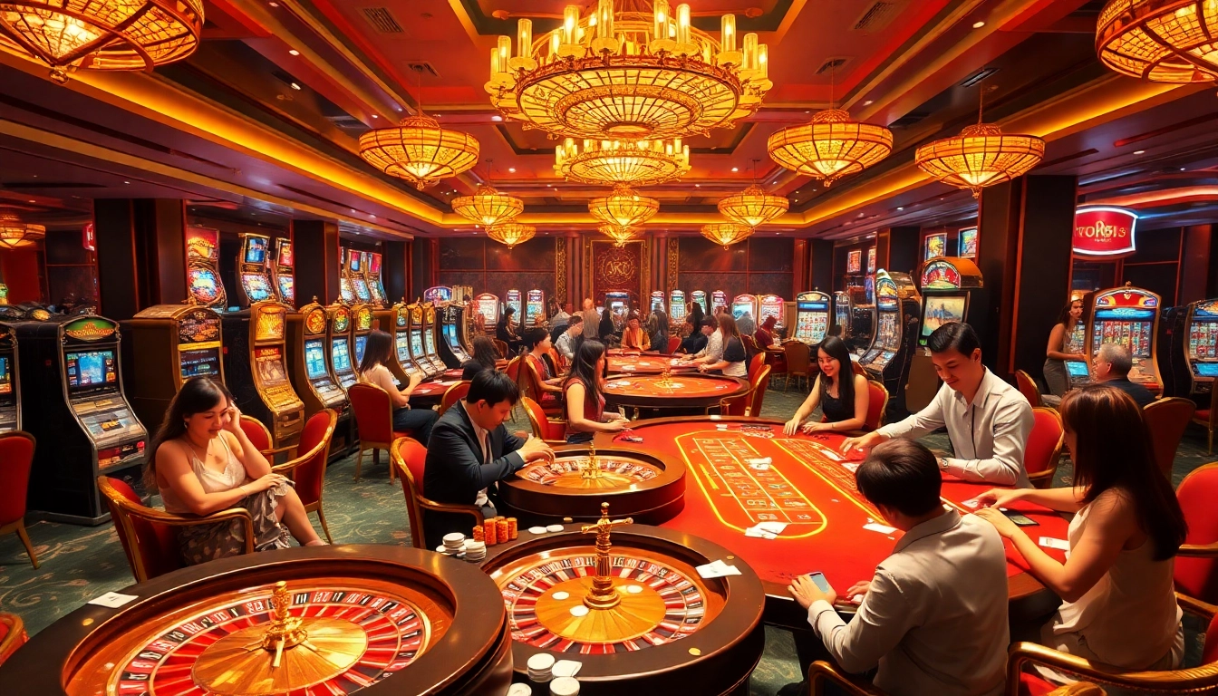 Engaging players experience excitement at Nhà cái OK365 casino, surrounded by vibrant games and luxurious ambiance.