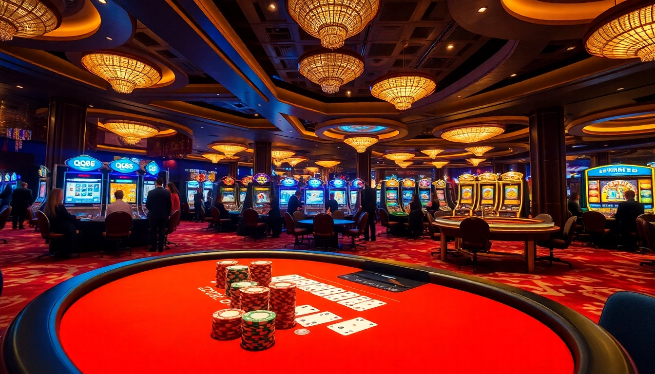 Players enjoying high-stakes poker on QQ 88's luxurious casino floor with vibrant decor.
