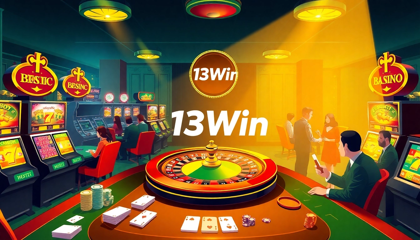Experience thrilling gameplay at 13Win's luxurious casino, complete with vibrant tables and slot machines.