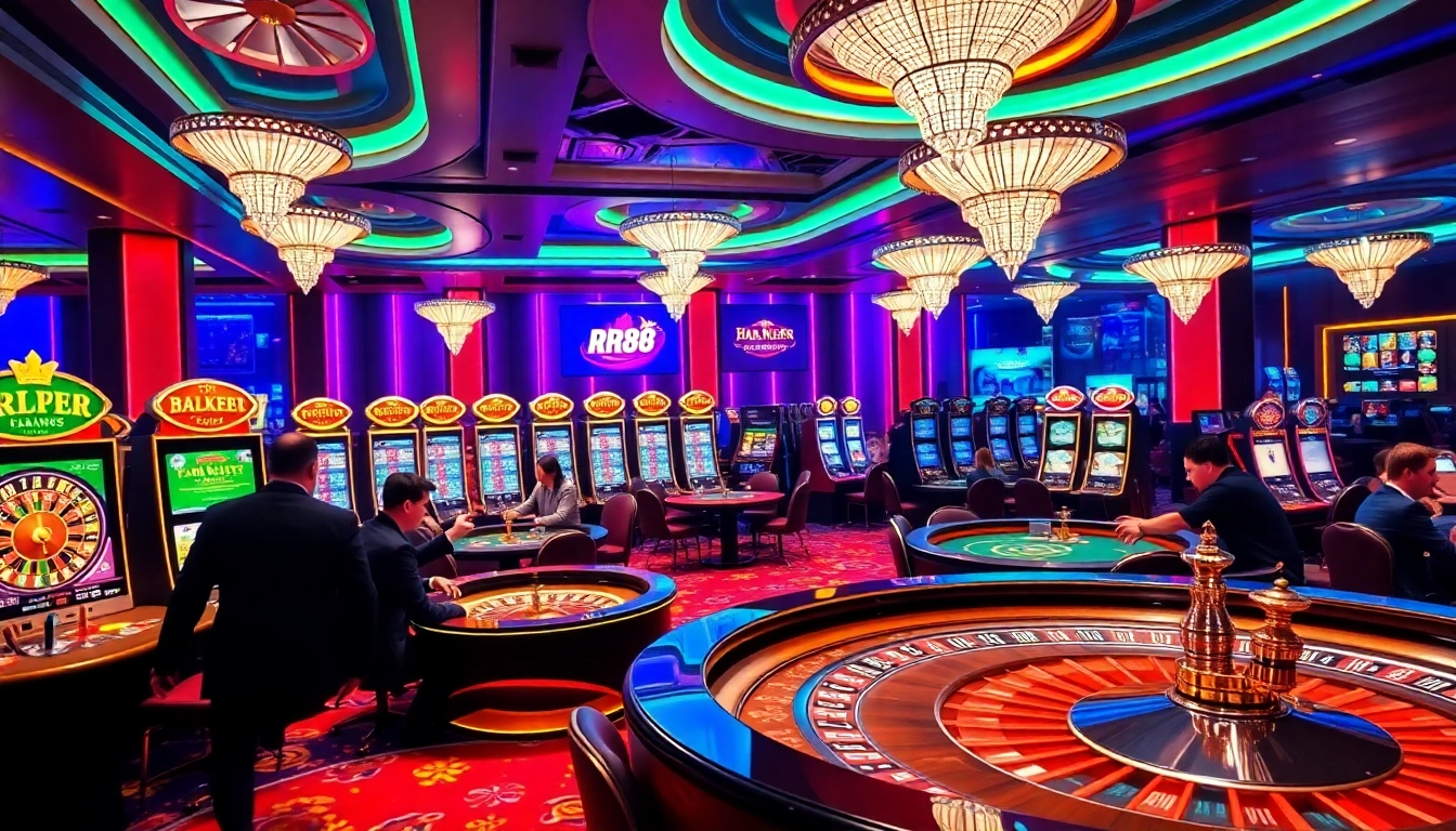 Experience the thrill of RR88 with players enjoying poker and roulette in a luxurious casino.
