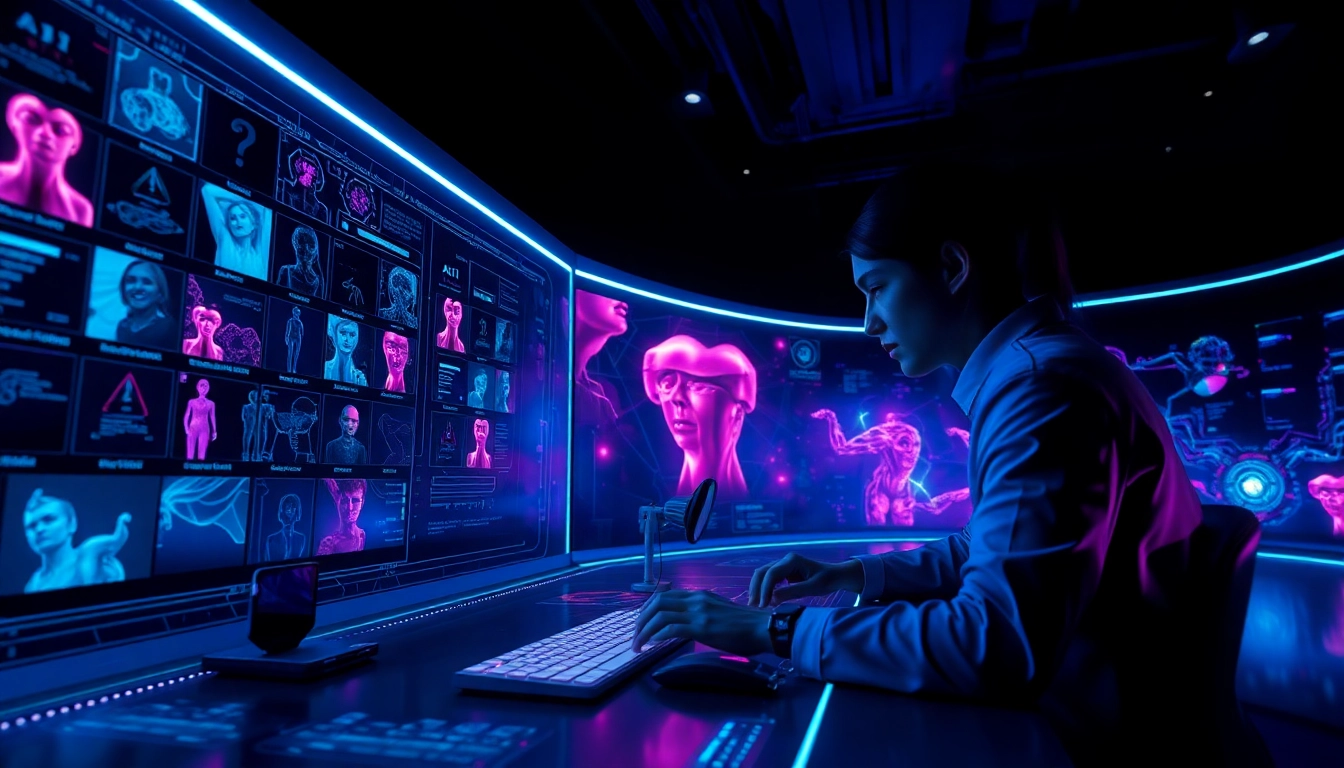 This image illustrates a futuristic digital landscape exploring the world of porn ai, featuring AI-generated art and sleek technology.