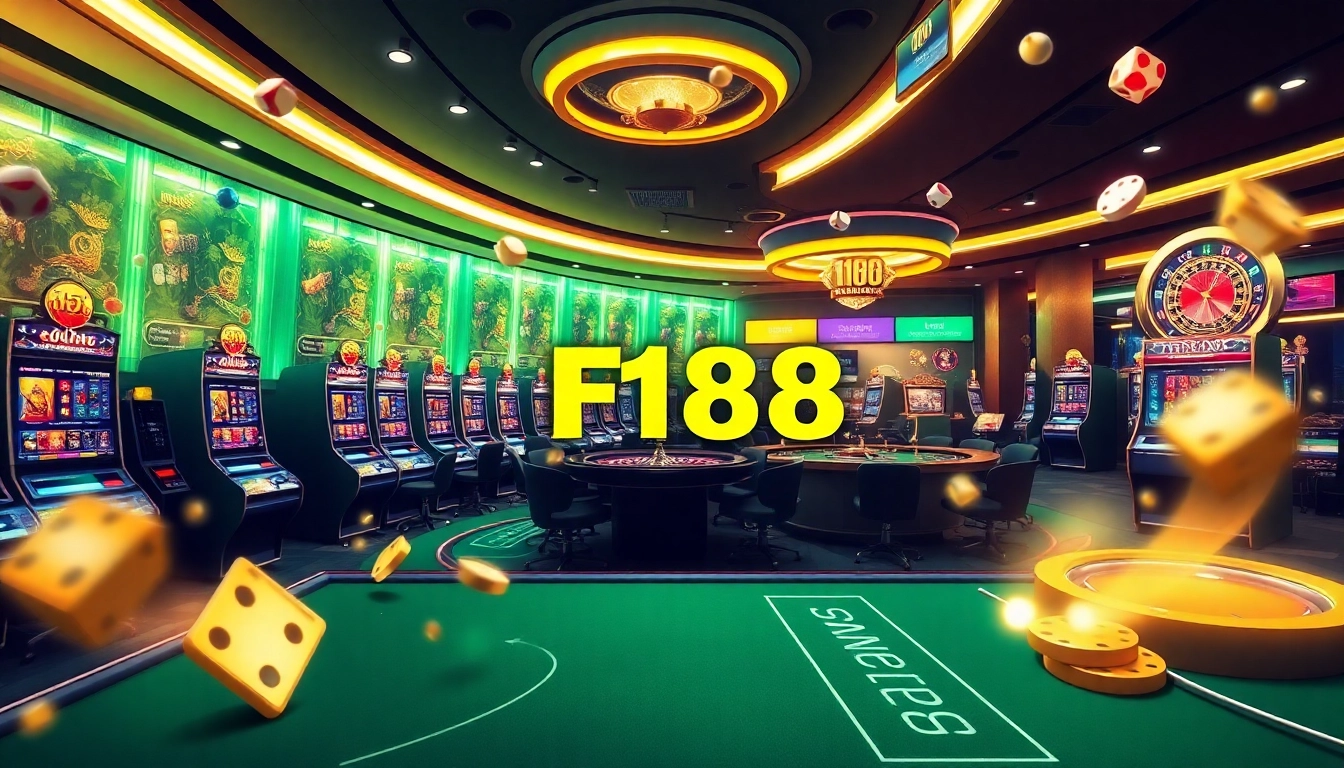 Experience the excitement of F168 with vibrant casino visuals, featuring engaging games and dynamic elements.