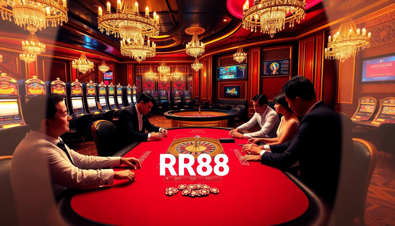 Engage in a thrilling poker game at RR88 surrounded by luxurious casino sights.