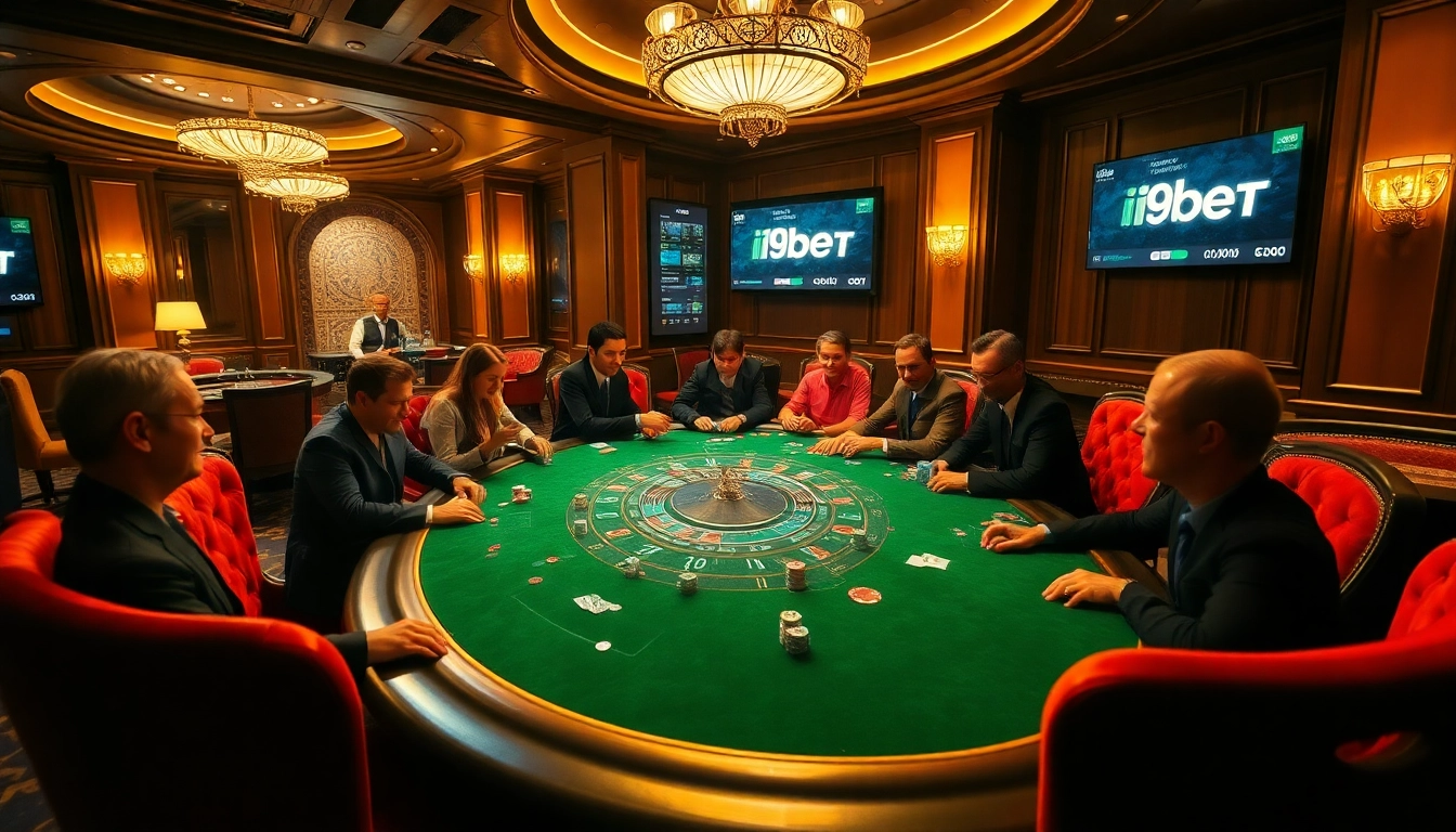 Engage in a thrilling game at i9bet’s luxurious casino with vibrant poker tables and excited players.