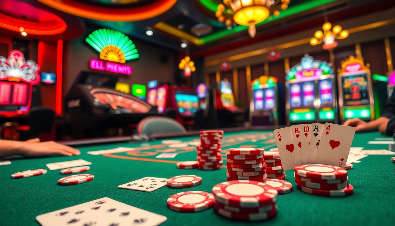 Engaging players test their skills at the ingatbola88 poker table amid vibrant casino lights.