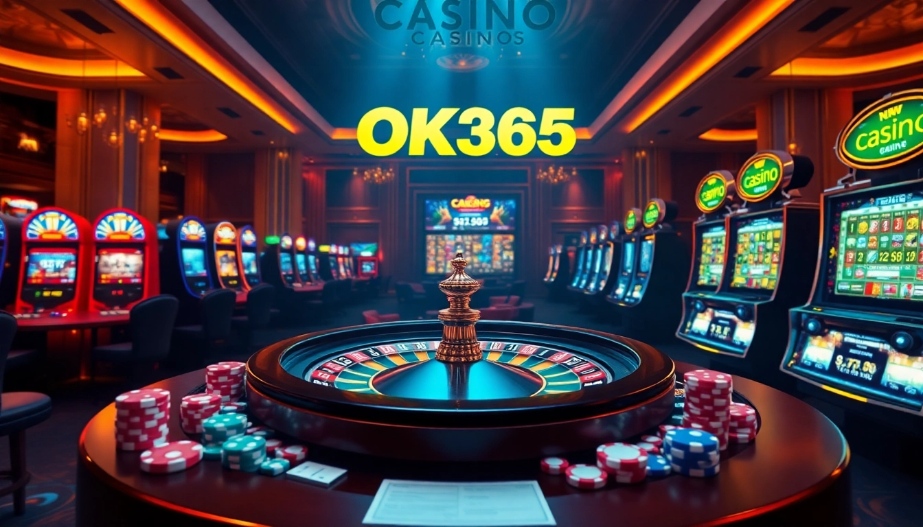 Experience vibrant online gaming at OK365 with a stunning casino atmosphere featuring roulette and poker.
