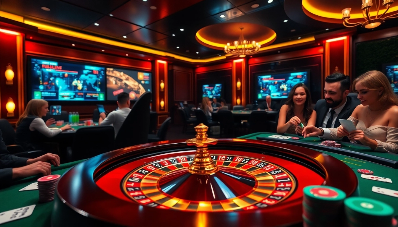 The vibrant casino scene features gaming tables and roulette wheels, highlighting thrilling actions at https://kjc.pizza/ for true gamblers.