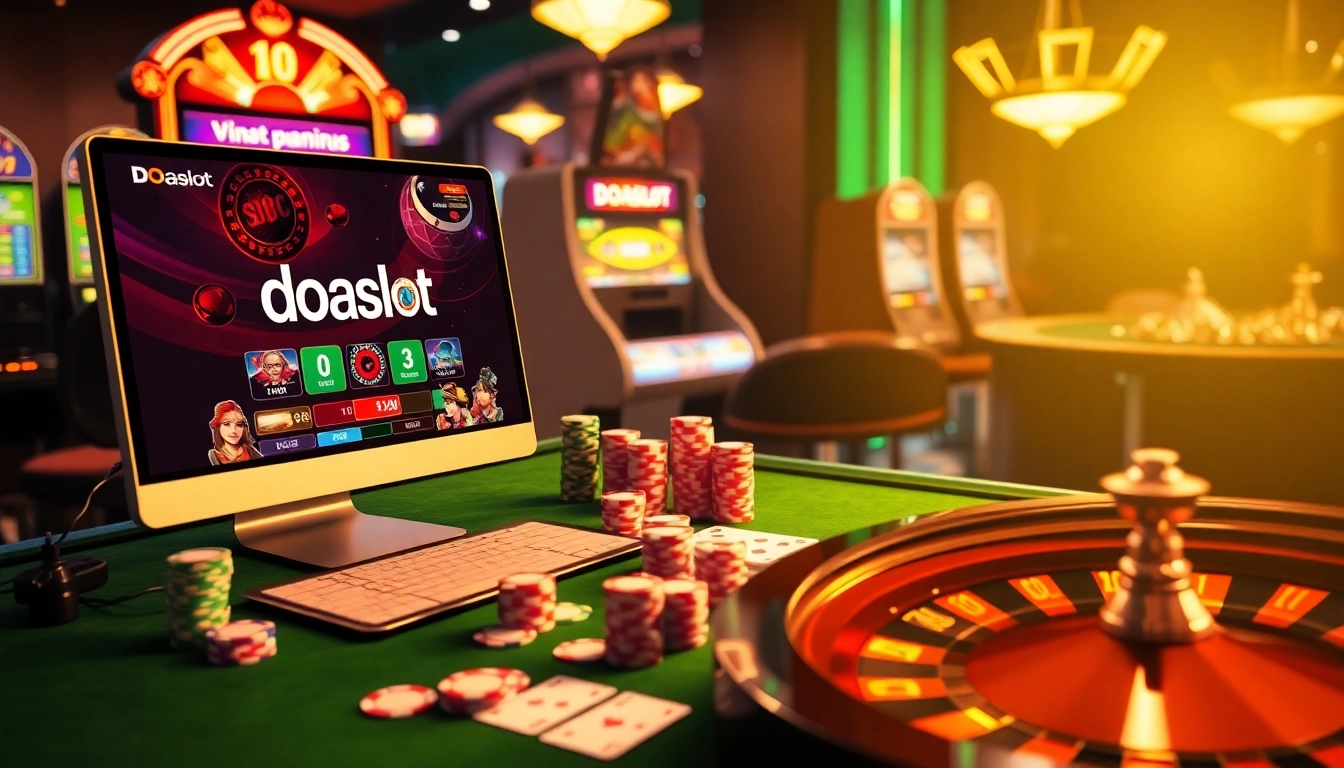 Gamblers experience excitement at doaslot with vibrant slot machines and poker chips.