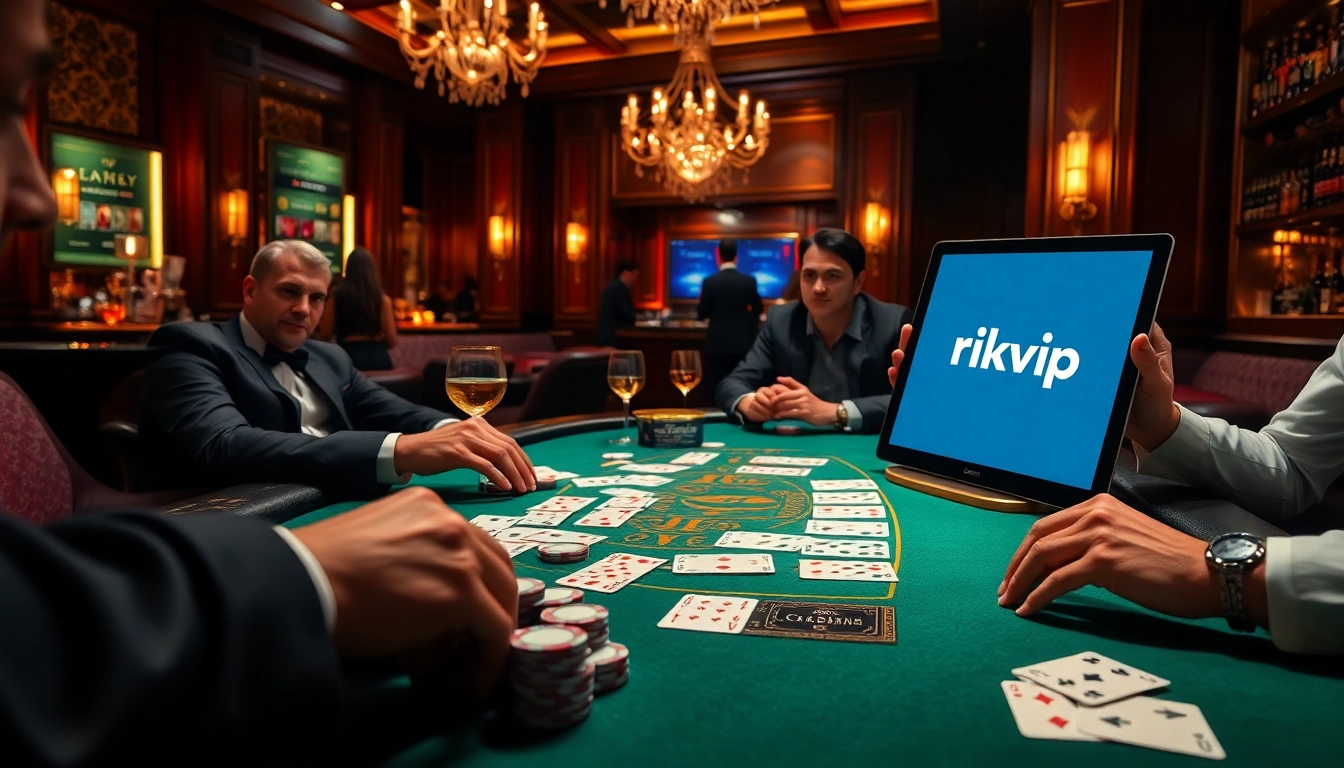 Exciting poker gameplay scene with rikvip branding, showcasing luxury, strategy, and high-stakes gambling.