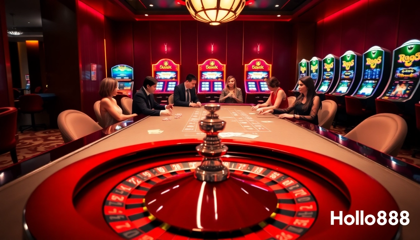 Experience thrilling gambling at Hello88 with a vibrant casino scene featuring roulette and poker.