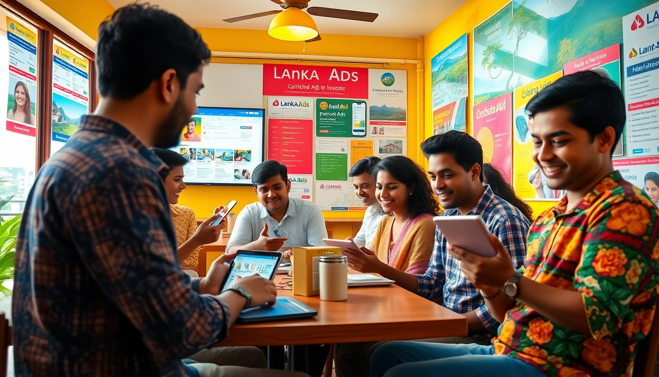 Lanka Ad user engagement with a digital classifieds platform in a vibrant Sri Lankan cafe setting.
