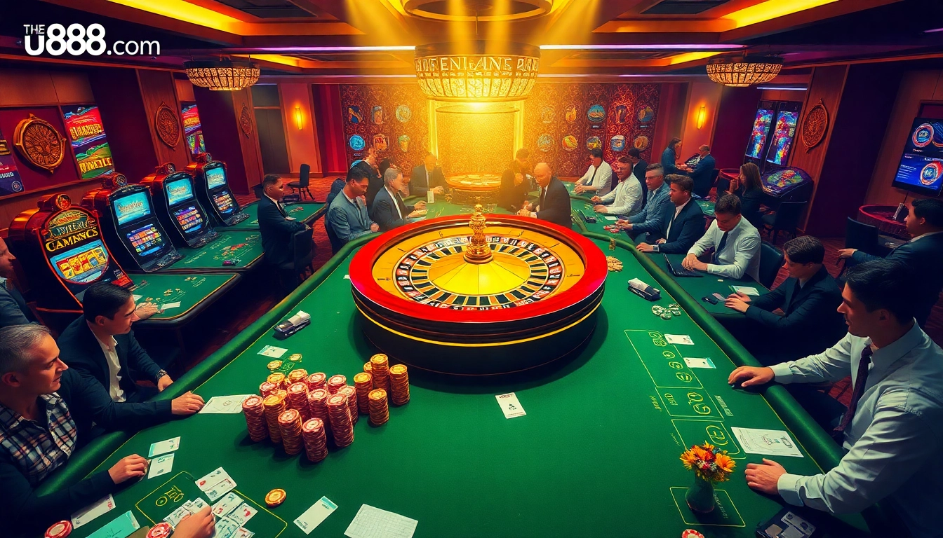 Casual players enjoying a gaming session at u888.com with vibrant poker tables and slot machines.