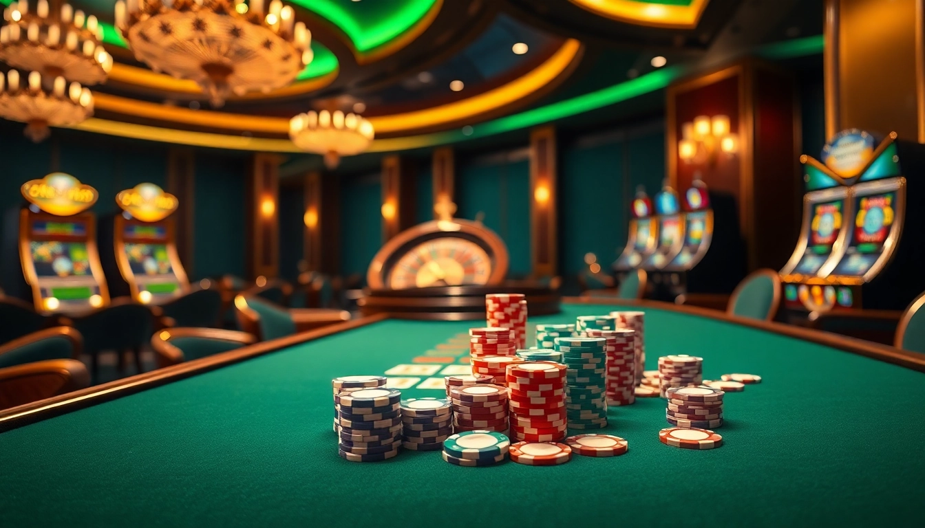 Engaging F168 gaming scene with vibrant poker chips, casino tables, and roulette wheel.