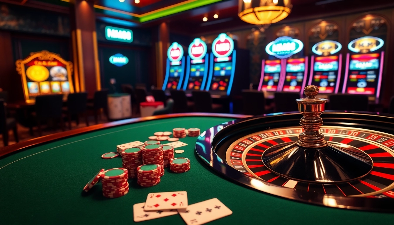 MM88 casino atmosphere with elegant poker table, vibrant slot machines, and roulette wheel.