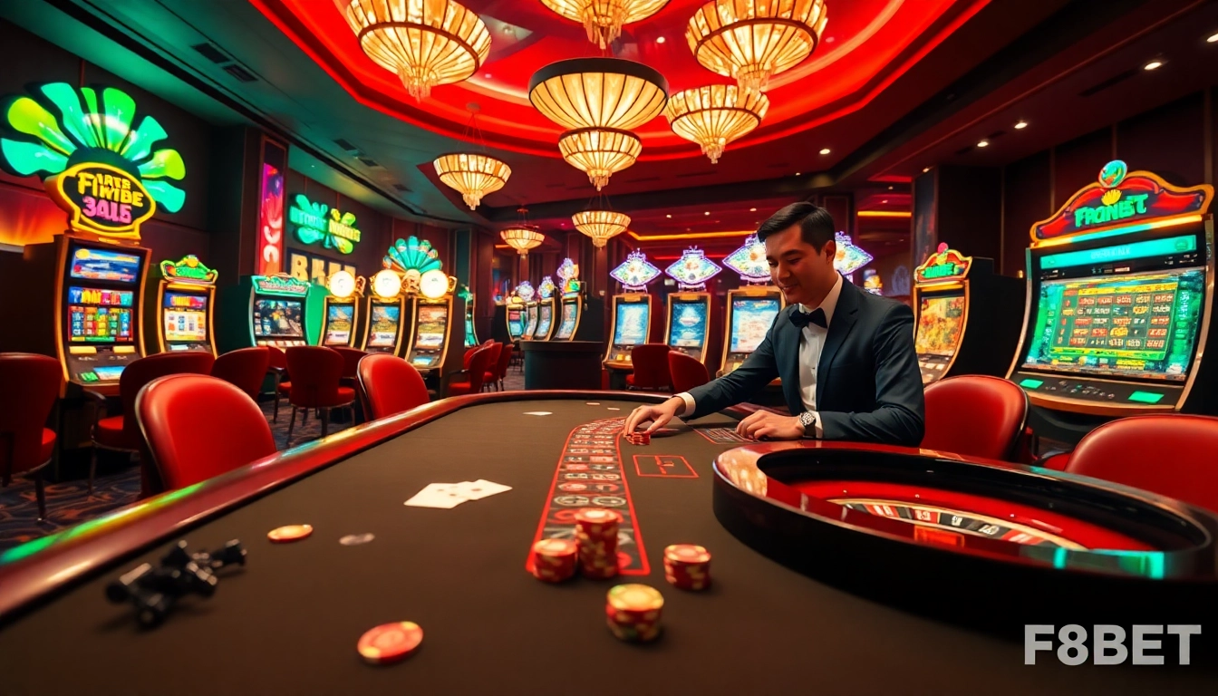 Experience the excitement of online gambling at https://f8bet.dental/ with thrilling casino scenes featuring card games and vibrant slot machines.