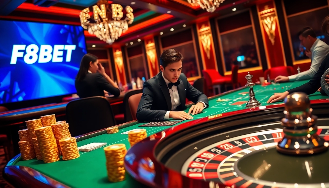 Experience the thrill of F8BET with vibrant poker tables and thrilling casino atmosphere.