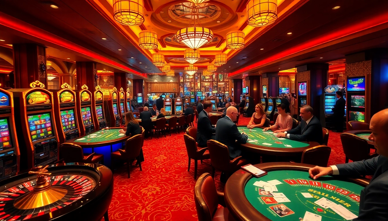 Engaging scene of casino gaming featuring 상품권소액결제 transactions at poker and slot machines.