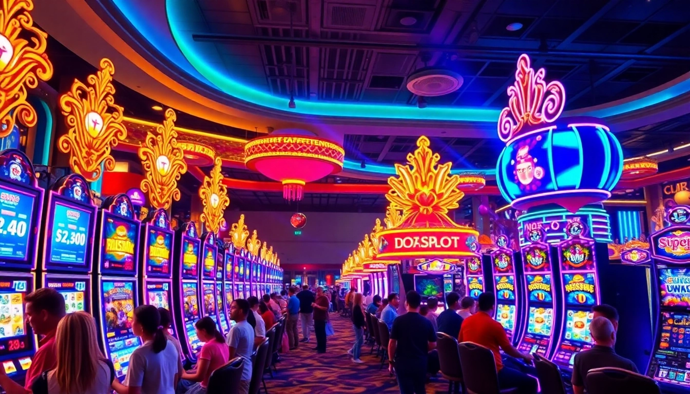 Engaging casino scene featuring doaslot machines with vibrant lighting and energized players.