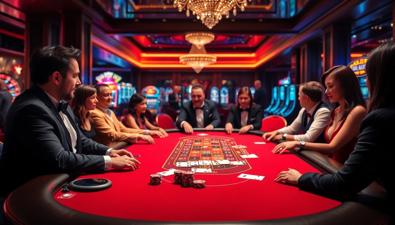 Players strategizing at a poker table in a luxurious casino setting, highlighting the excitement of https://jun88buzz.info/.