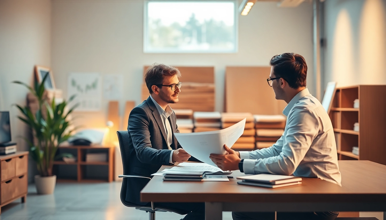 Biuro rachunkowe dla firmy budowlanej prezentujące profesjonalnego księgowego pomagającego klientowi w nowoczesnym biurze.
