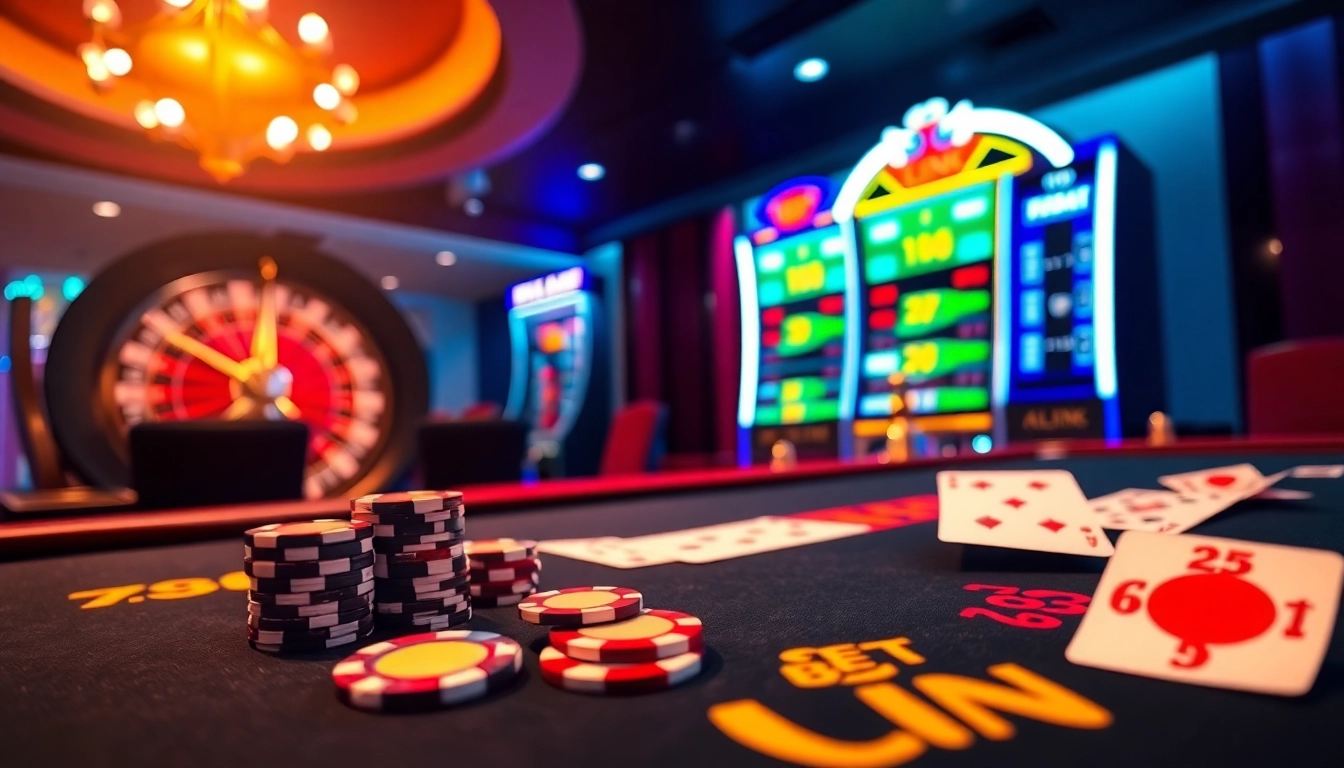 Experience the excitement of gaming at the 789BET LINK casino with vibrant poker tables and roulette.