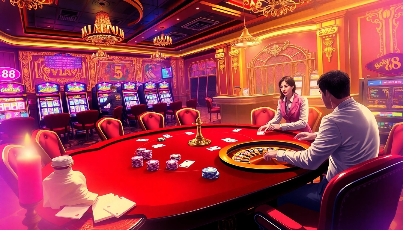 Experience thrilling gameplay at Hello88 with vibrant casino elements and high-stakes poker excitement.