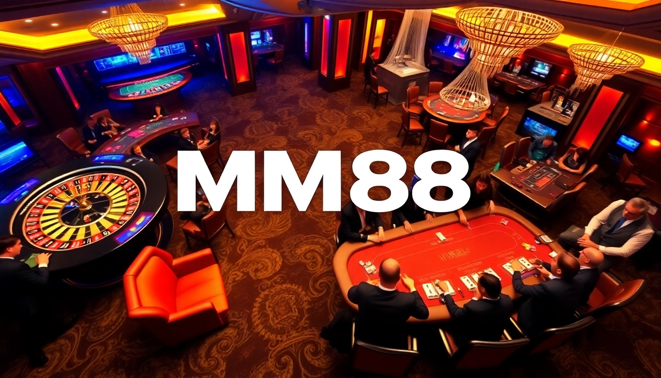 MM88 casino scene showcasing vibrant tables and excited players at roulette and blackjack.