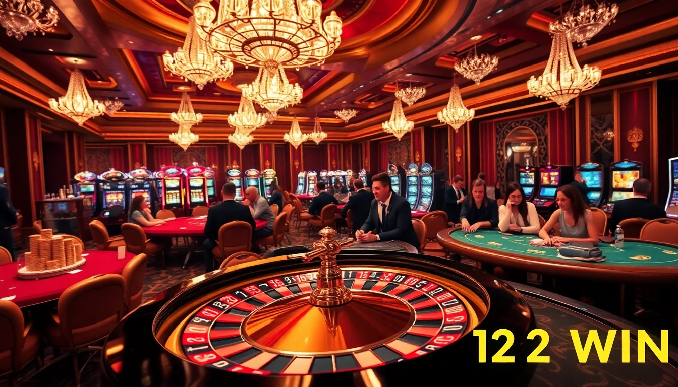 Exciting gambling action at 123WIN casino with players engaged in games and vibrant roulette wheel.