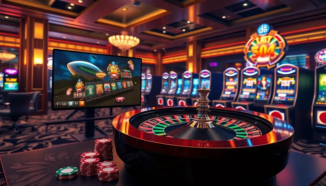 Engaging gaming scene featuring Nhà cái OK8386 with poker chips and digital roulette wheel.
