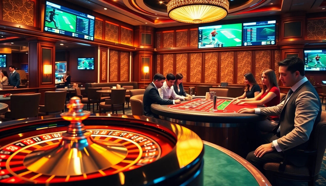 Experience the thrill of nhận định kèo nhà cái at an upscale casino, featuring a vibrant roulette wheel and engaged players.
