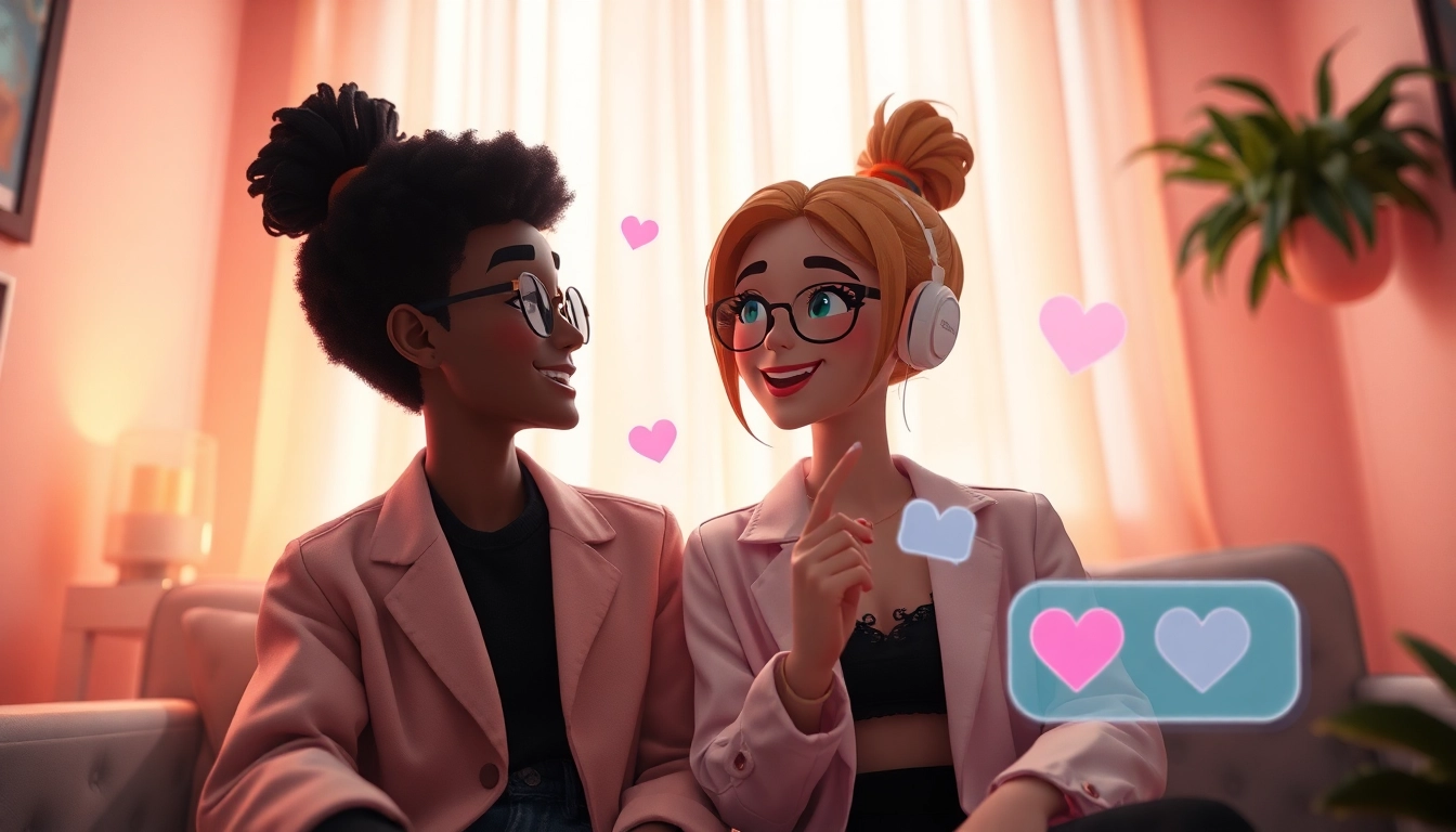 Engaging ai sex chat scene with virtual characters in a cozy digital space.